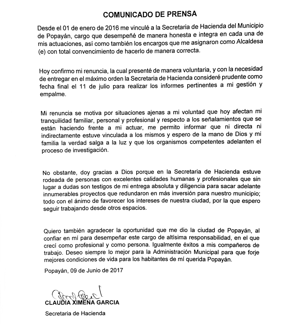 COMUNICADO CLAUDIA XIMENA GARCIA NAVIA
